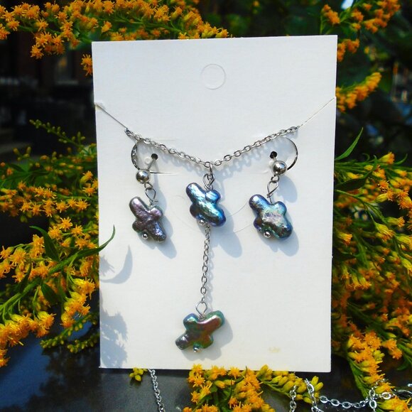 Natural Keshi pearl Double dangle Necklace & Stud earring set, real Unique pearl - Picture 5 of 7